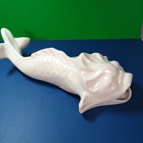 White Ceramic Koi Fish Planter Vase Asian Coastal Decor MCM Style 10" - Picture 12 of 12